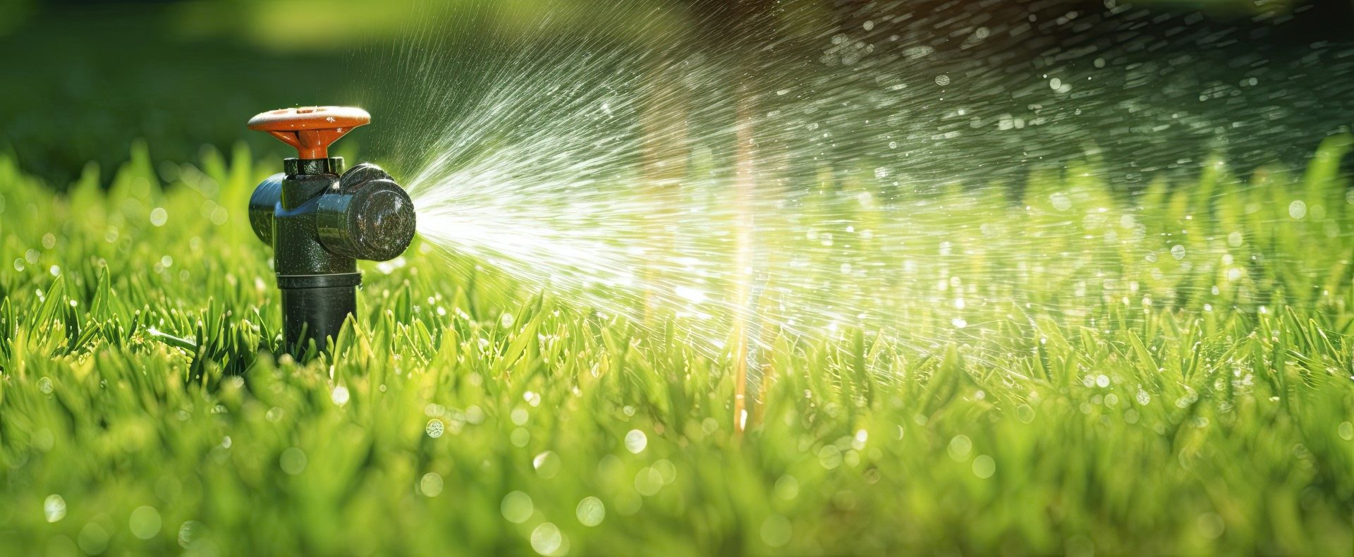 Automatic garden lawn sprinkler in action watering grass. AI Gen