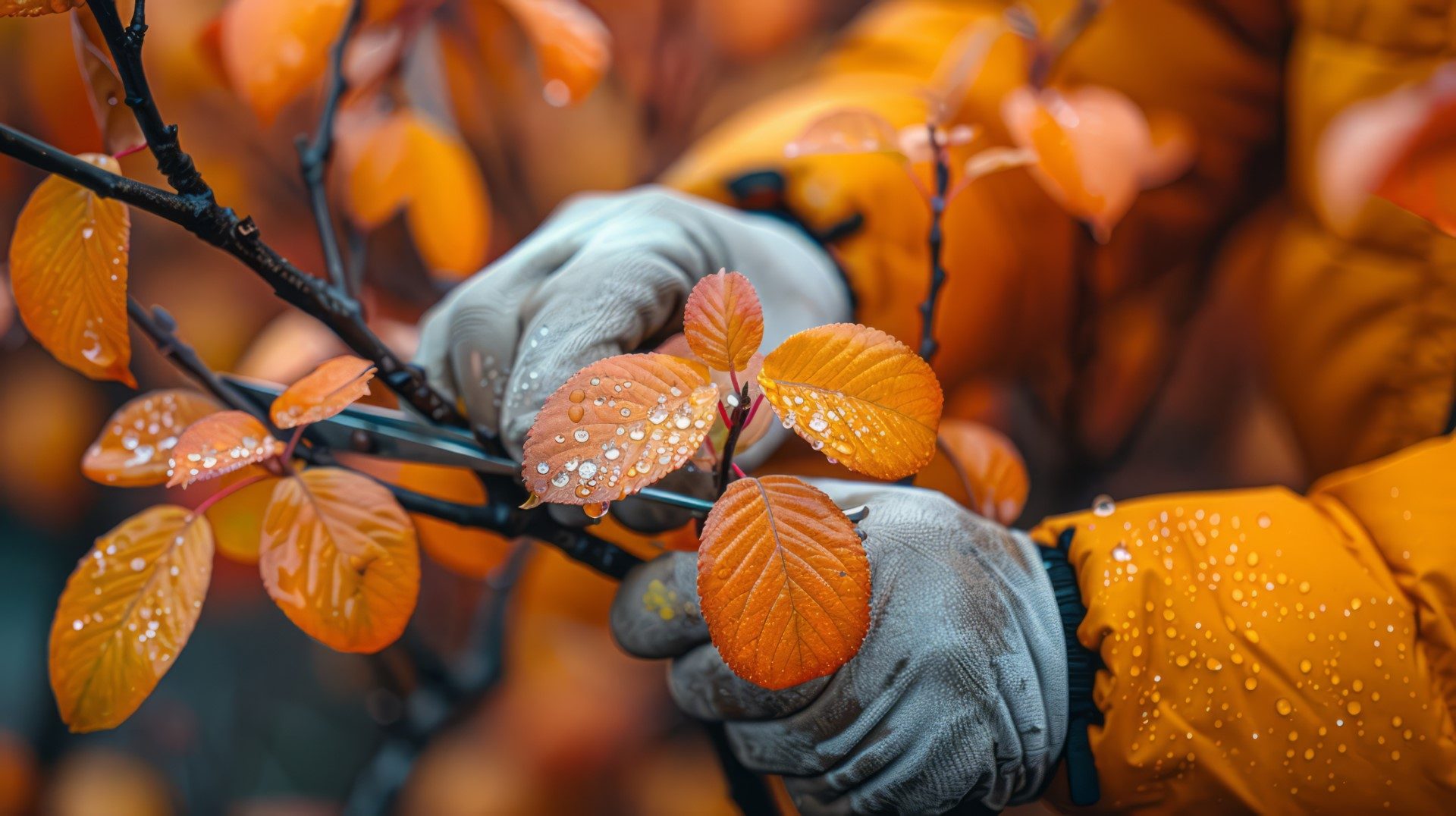 Close-up of hands cutting a tree branch with scissors