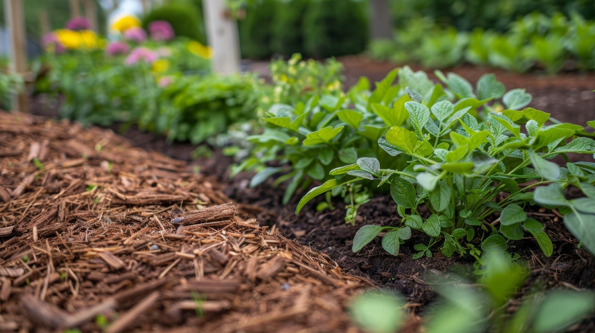 A garden bed with layers of natural mulch helping to regulate soil temperature and moisture levels