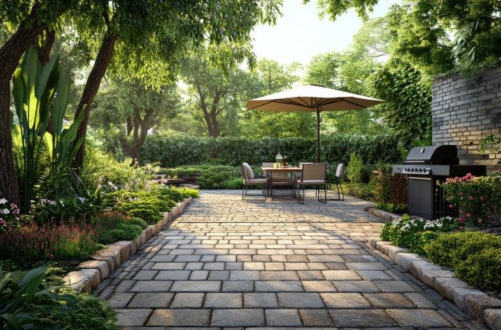 A serene garden patio with a dining area and grill, surrounded by lush greenery in daylight