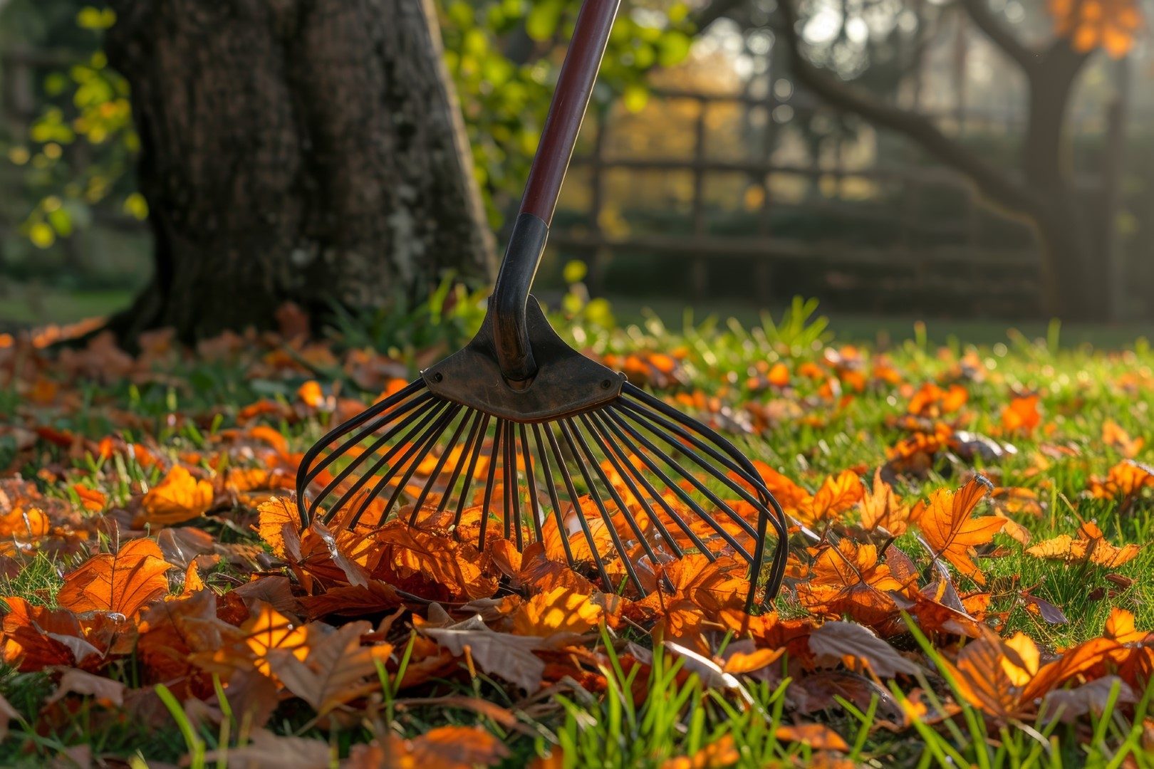 Photo raking leaves with fan rake from the lawn.