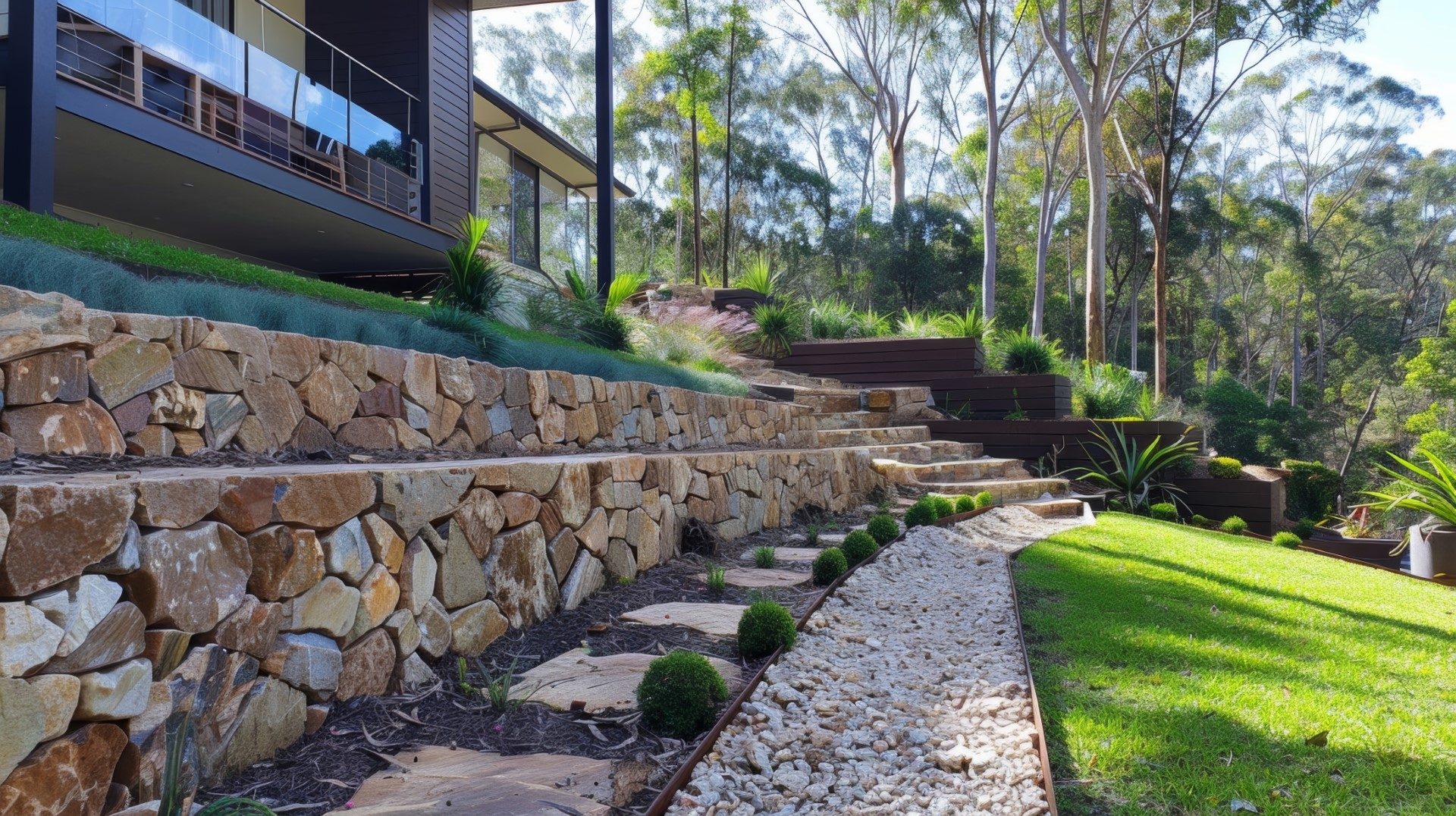 The finished retaining wall in all its glory showcasing its strong and practical design while also blending in with the natural surroundings