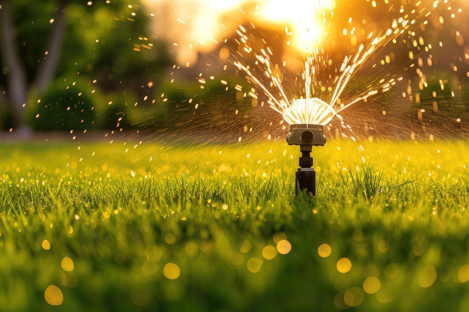 watering the lawn grass in the park water splashes against the backdrop of the sun Generative AI