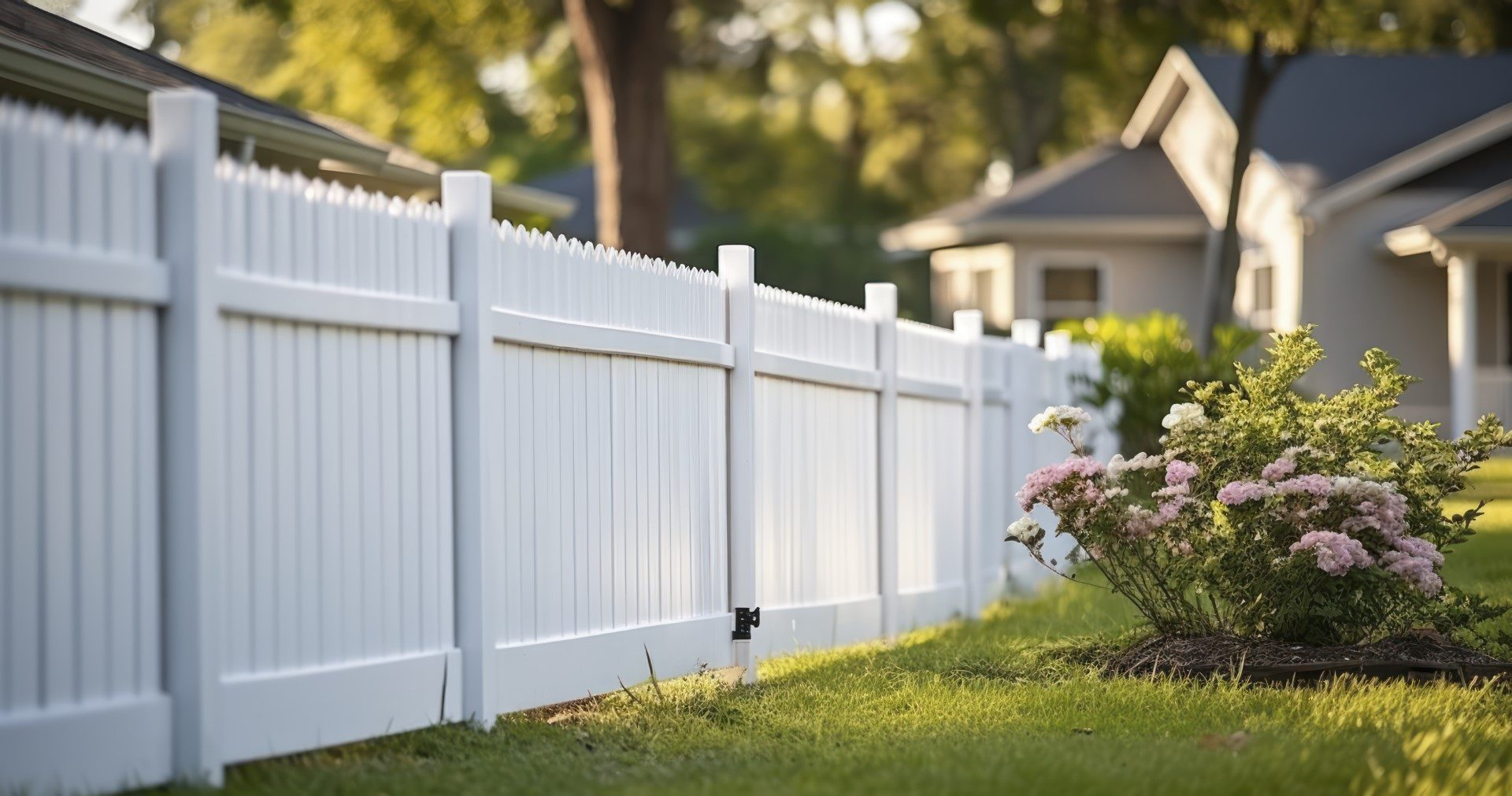The Elegant Protection of a White Vinyl Fence Around a Manicured Green Lawn