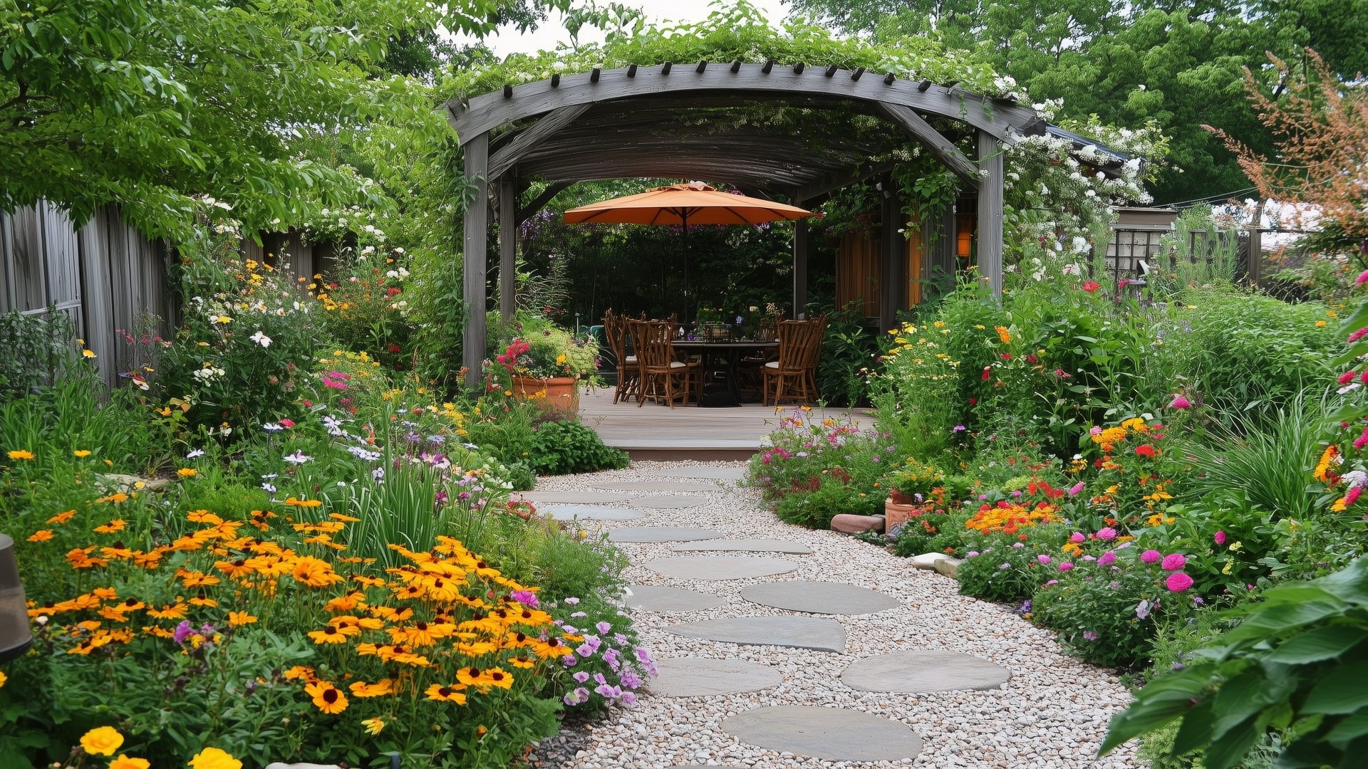 Vibrant garden pathway leads to a cozy dining area under a shaded arbor in a lush backyard Artificial Turf for Colorado Springs Yards