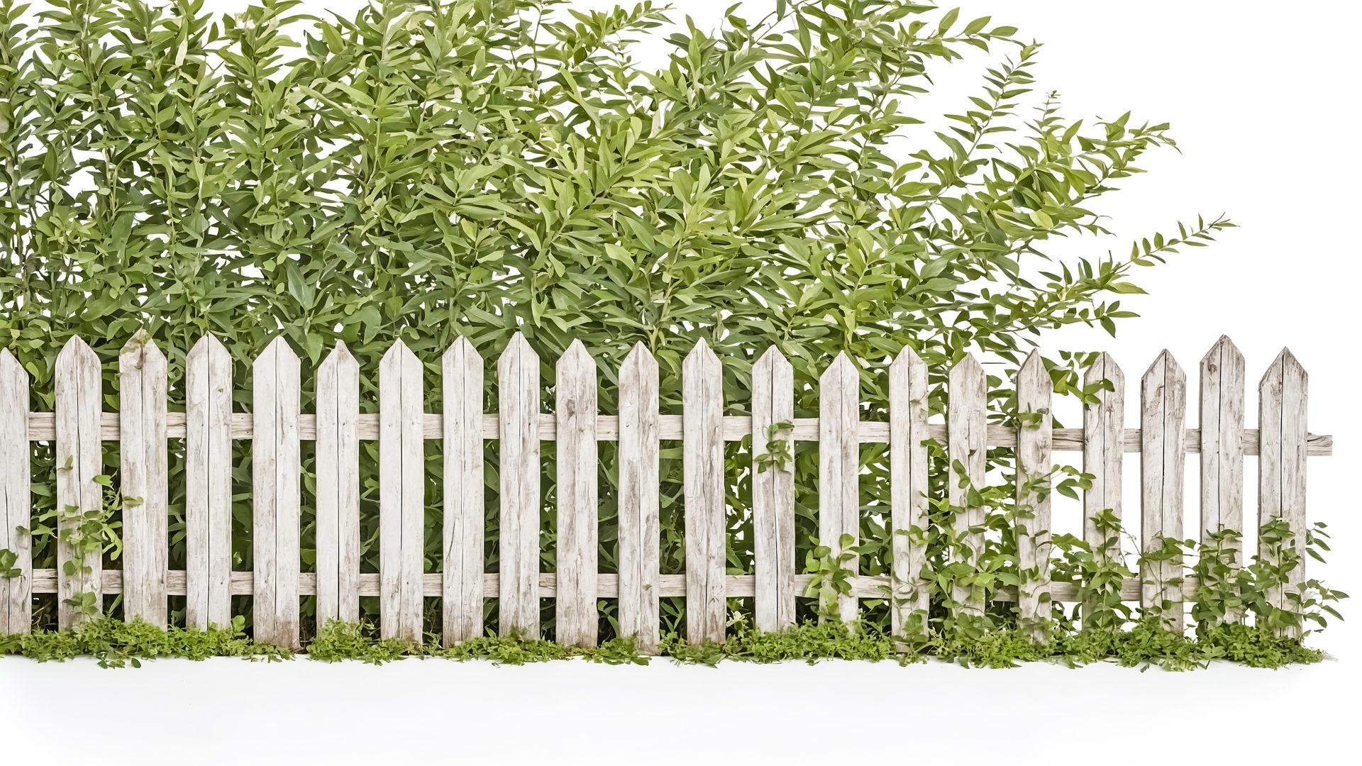 white-picket-fence-with-green-foliage-isolated-on-white_48151673 Fence Repairs After Winter