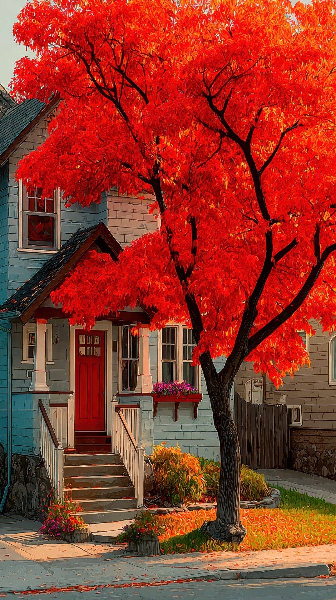 Bright red maple tree enhances charming house in autumn setting with vibrant colors and inviting atmosphere Colorado Springs summer landscaping project with custom pergola